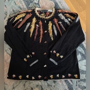 Vintage Christine Foley 2X Knit Fall Leaf Cardigan Sweater Cottagecore